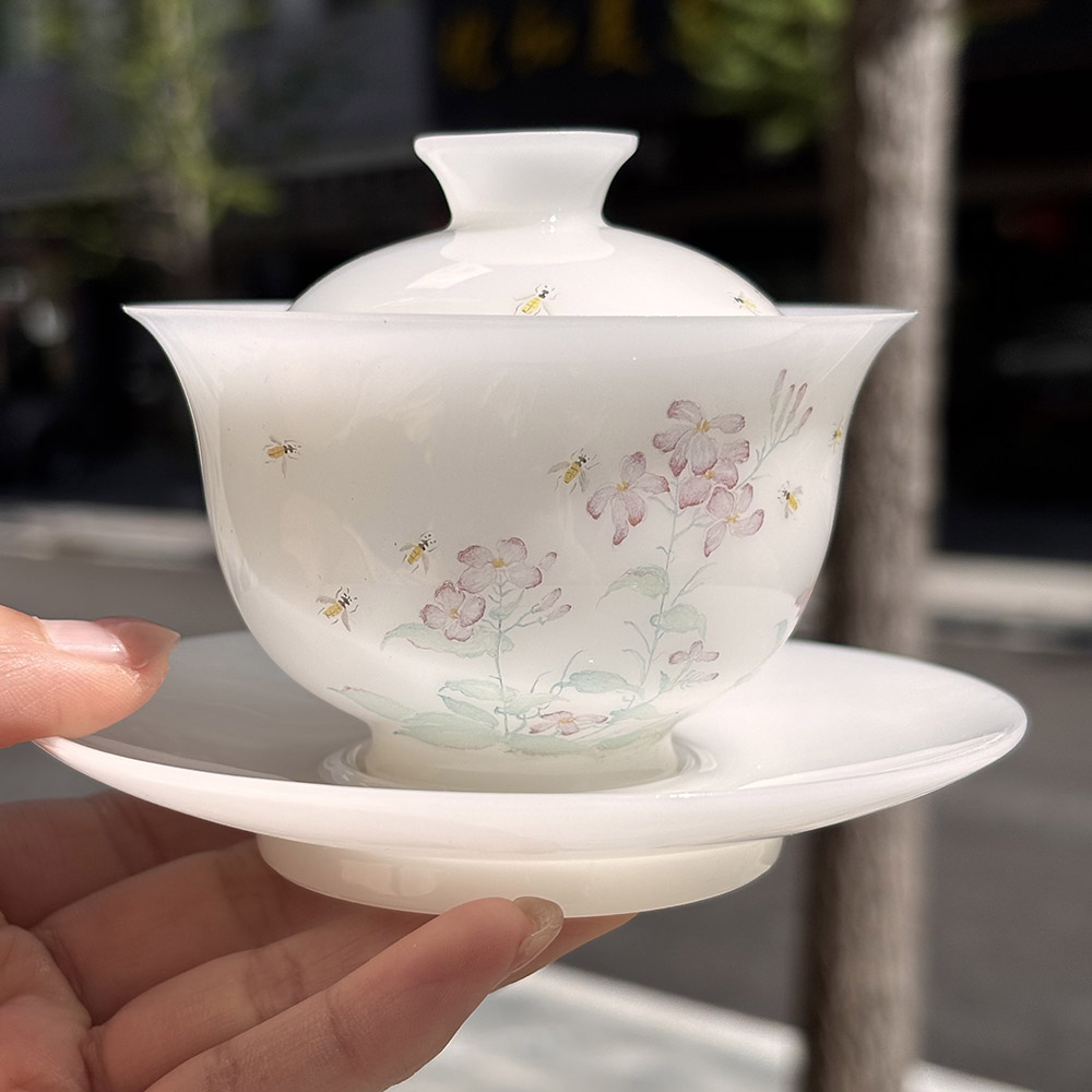 白色花卉刺绣盖碗茶具套装陶瓷