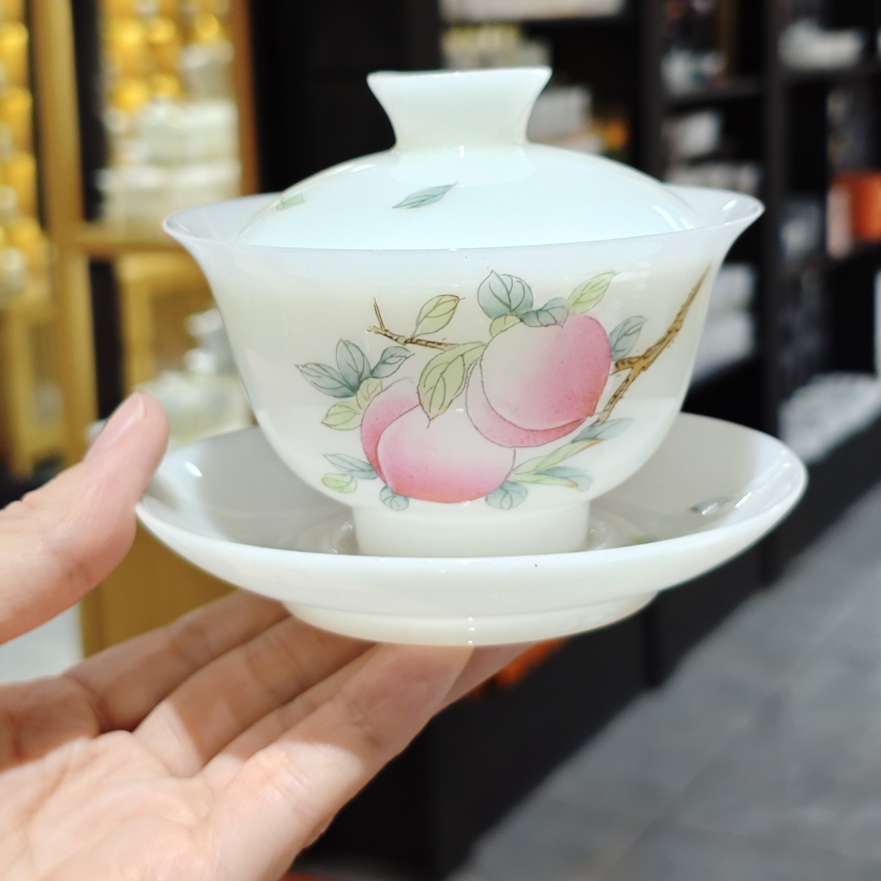 陶瓷盖碗茶具手绘桃花图案家用茶碗茶杯个人专用泡茶器桃子图案