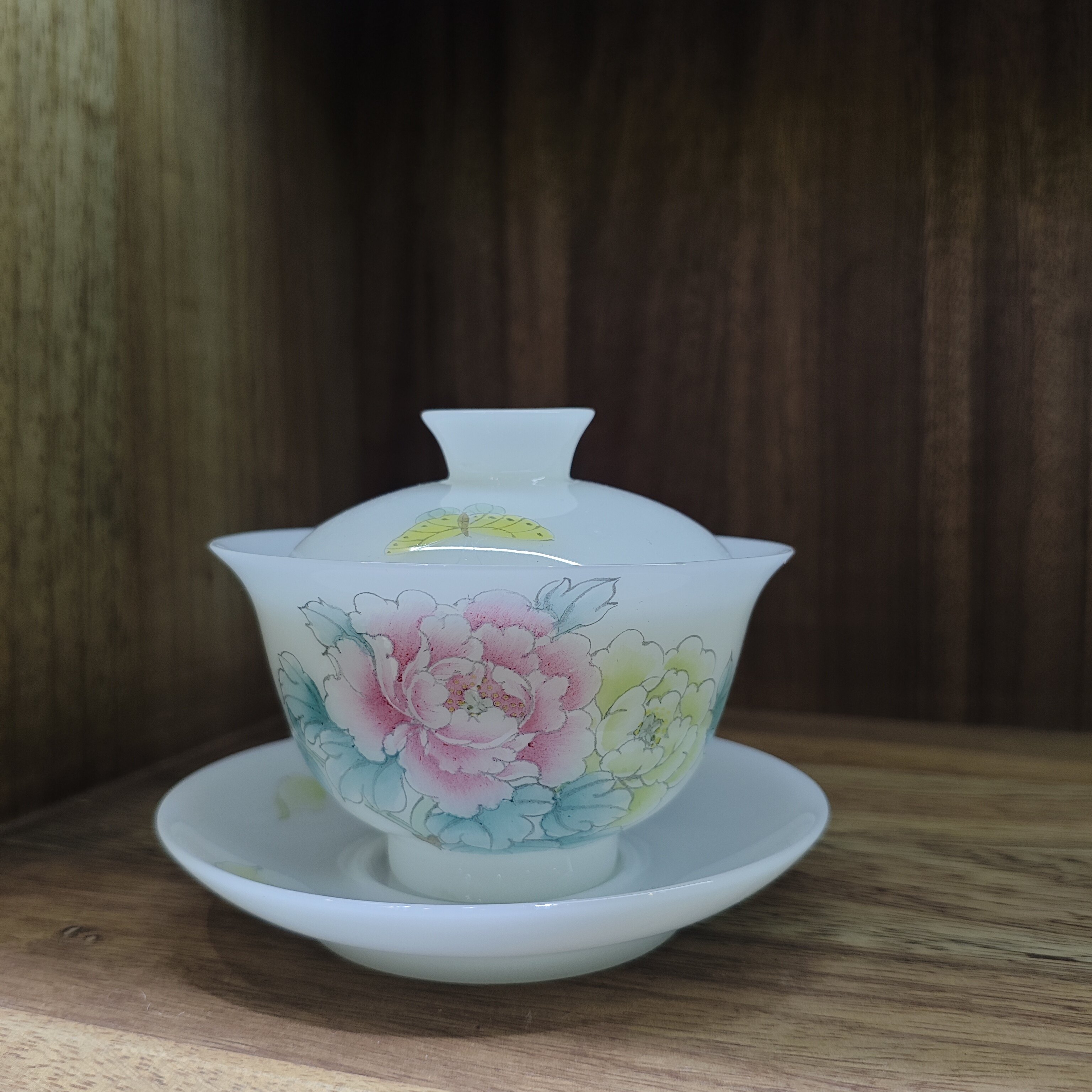 中式手绘牡丹花陶瓷盖碗茶具