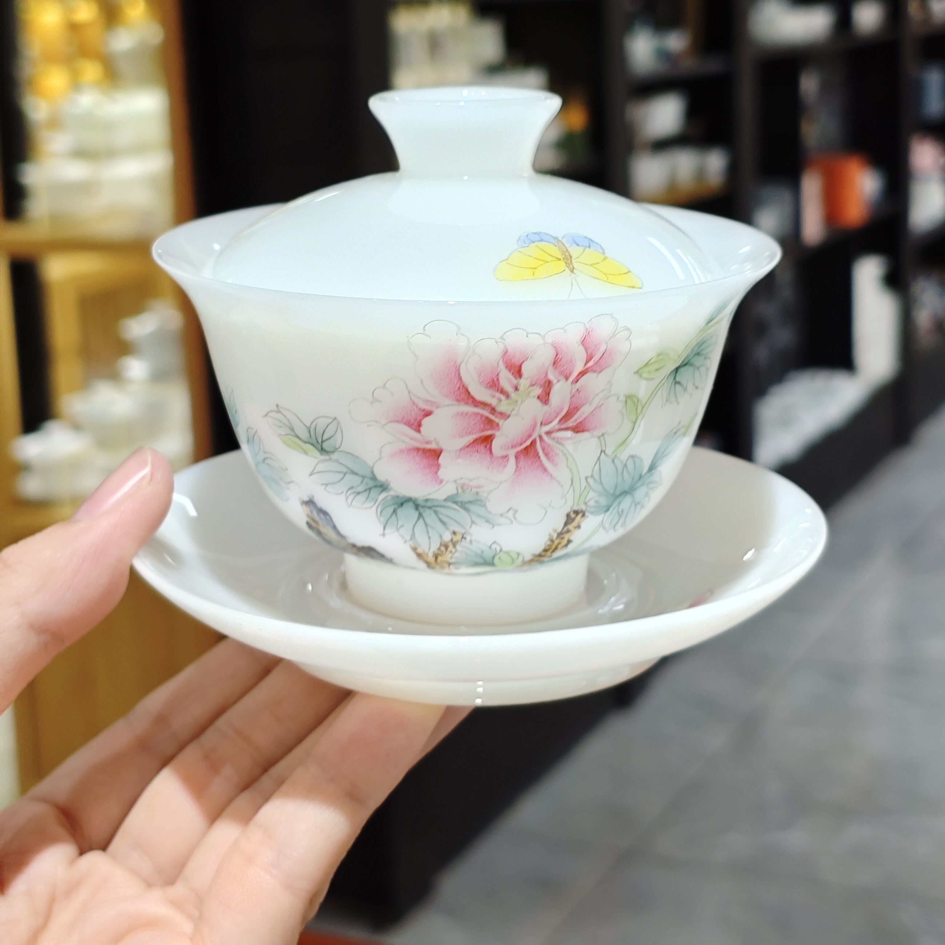 中式陶瓷盖碗茶具手绘花卉蝴蝶
