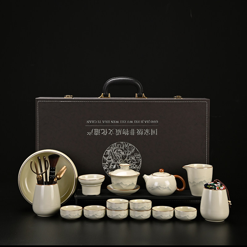 幻山米黄汝窑功夫茶具套装2026新款全套一整套茶杯釉上彩实木茶盘