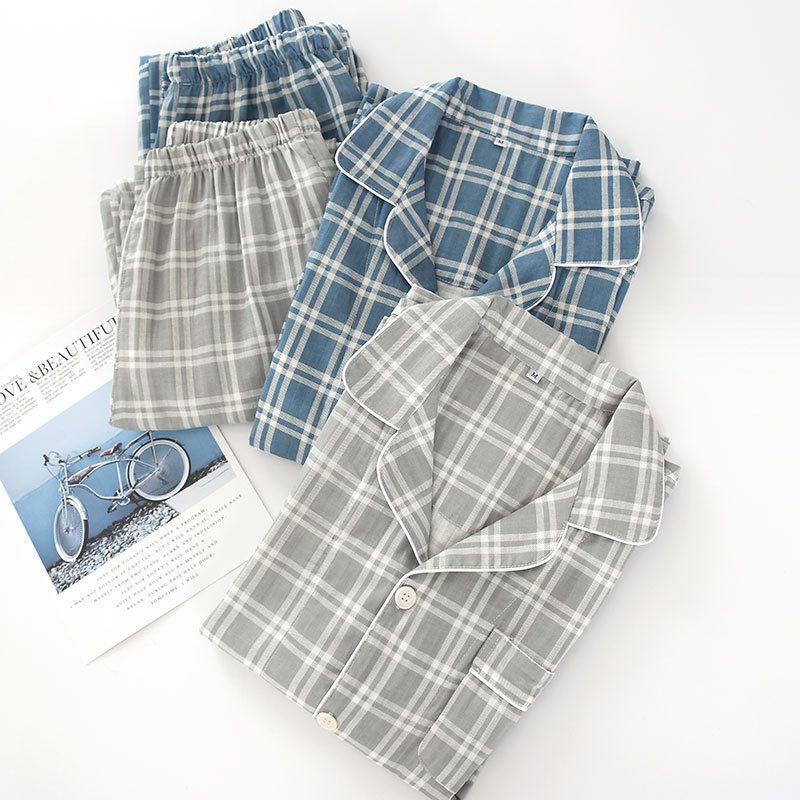 男士格子睡衣套装纯棉纱布薄款休睡衣/家居服套装
