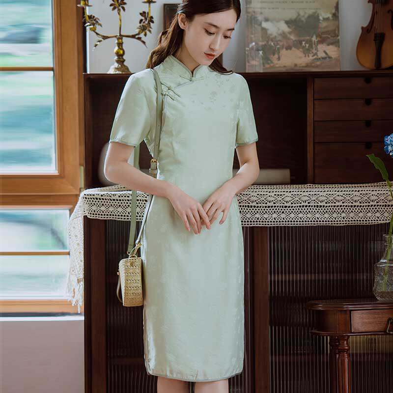 【唐墨风雅】江南春水清新素雅温婉真丝提花旗袍少女改良甜美日常