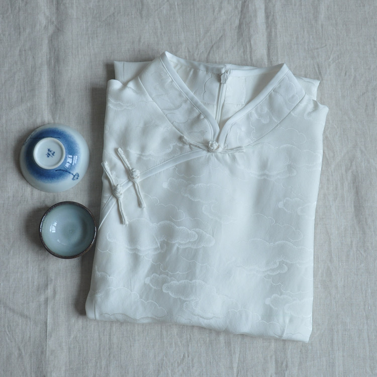 【唐墨风雅】皑如山上雪 素雅真丝提花纯白色旗袍中长款连衣裙女