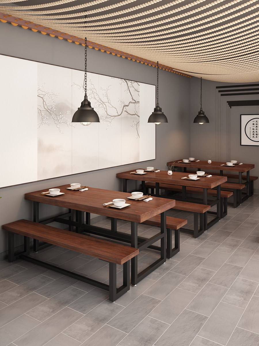 Modern Chinese simple noodle restaurant dining table and chair combination Rectangular wrought iron solid wood long table Commercial one table two stools 1039