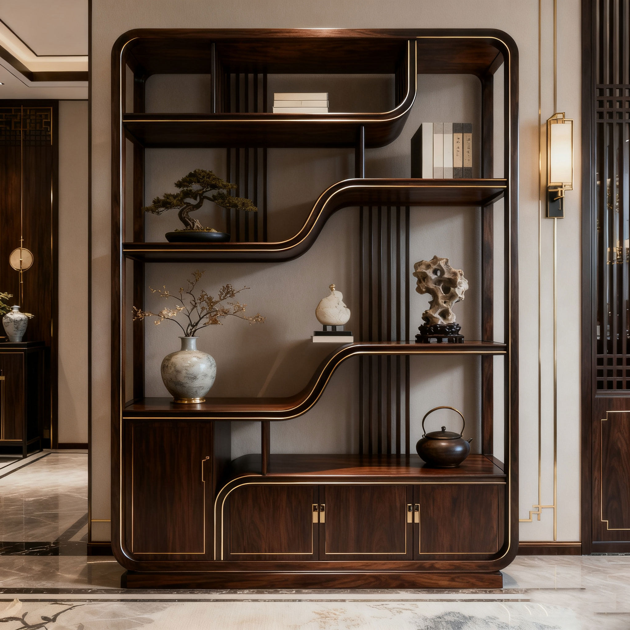 宋式美学设计师同款黑胡桃木博古架高端定制办公室酒店民宿收纳架