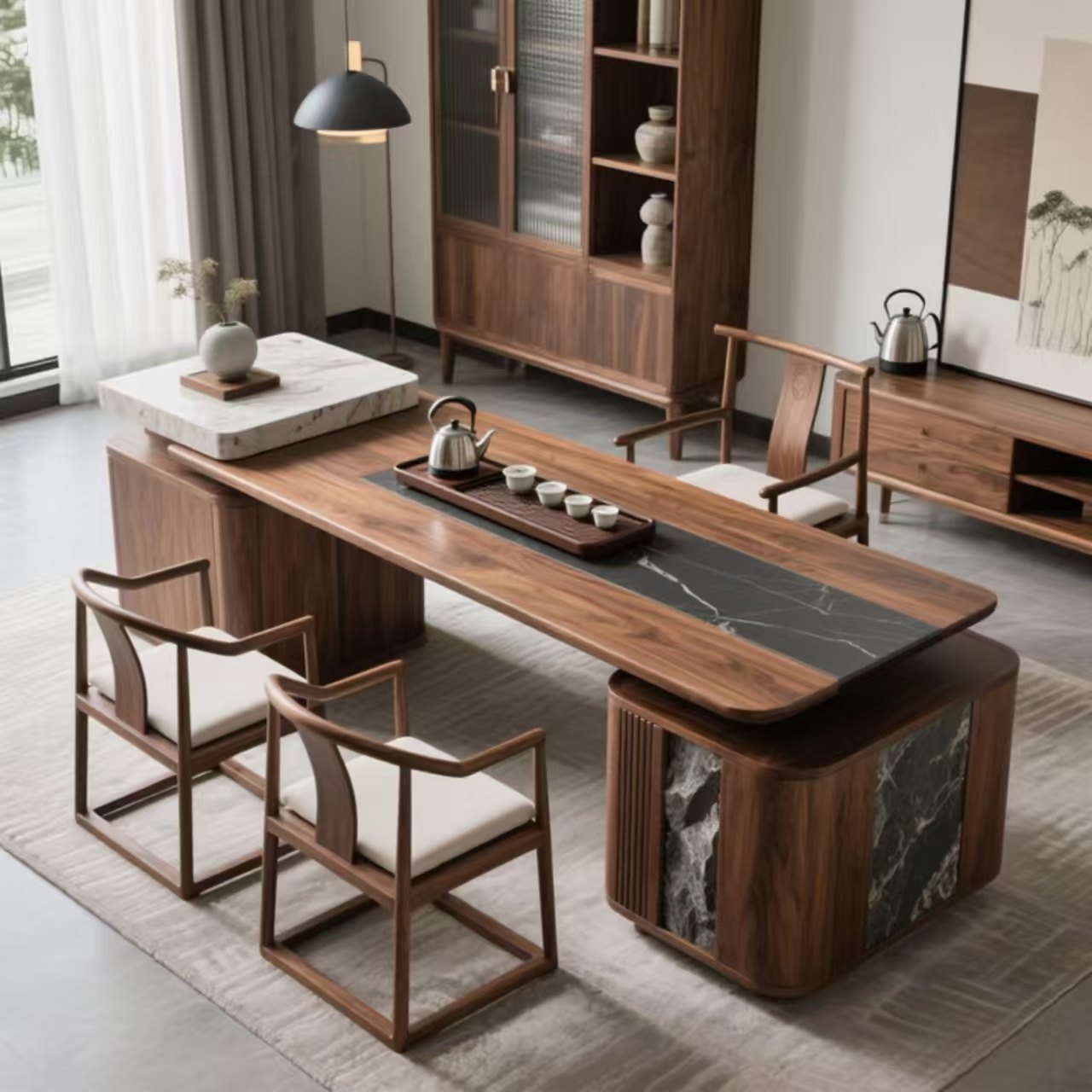 宋式美学国风黑胡桃木岩板茶桌茶室办公室高端定制茶台设计师同款,住宅家具,家用茶台/茶桌,淘宝优惠券,粉丝福利购,淘宝优惠卷