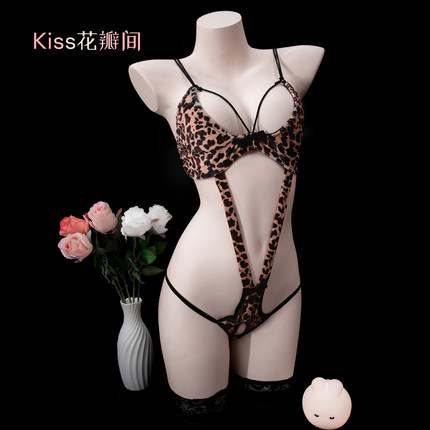 Kiss花瓣间小胸性感趣味睡衣女纯欲豹纹吊带睡裙套装qqny内衣情侣