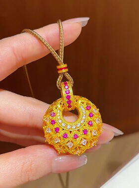 金店同款沙金饰品唐宫夜宴唐彩菱吊坠项链新中式镶钻甜甜圈毛衣链