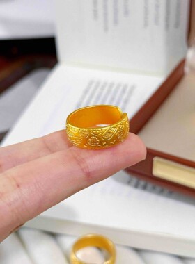 铜合金国潮风新款錾刻吉言莲花开口戒指女款仿真金富贵花国风首饰