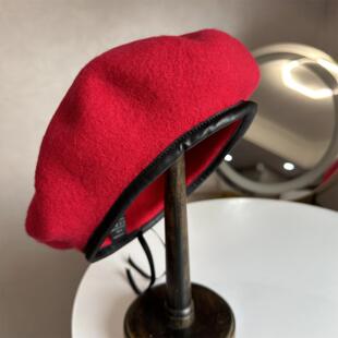 复古红色皮边~贝雷帽女秋冬时尚百搭羊毛画家帽子女冬英伦蓓蕾帽