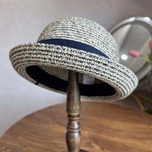 日系圆顶丸子草帽女混编帽英伦小圆帽休闲卷边礼帽遮阳帽沙滩帽女