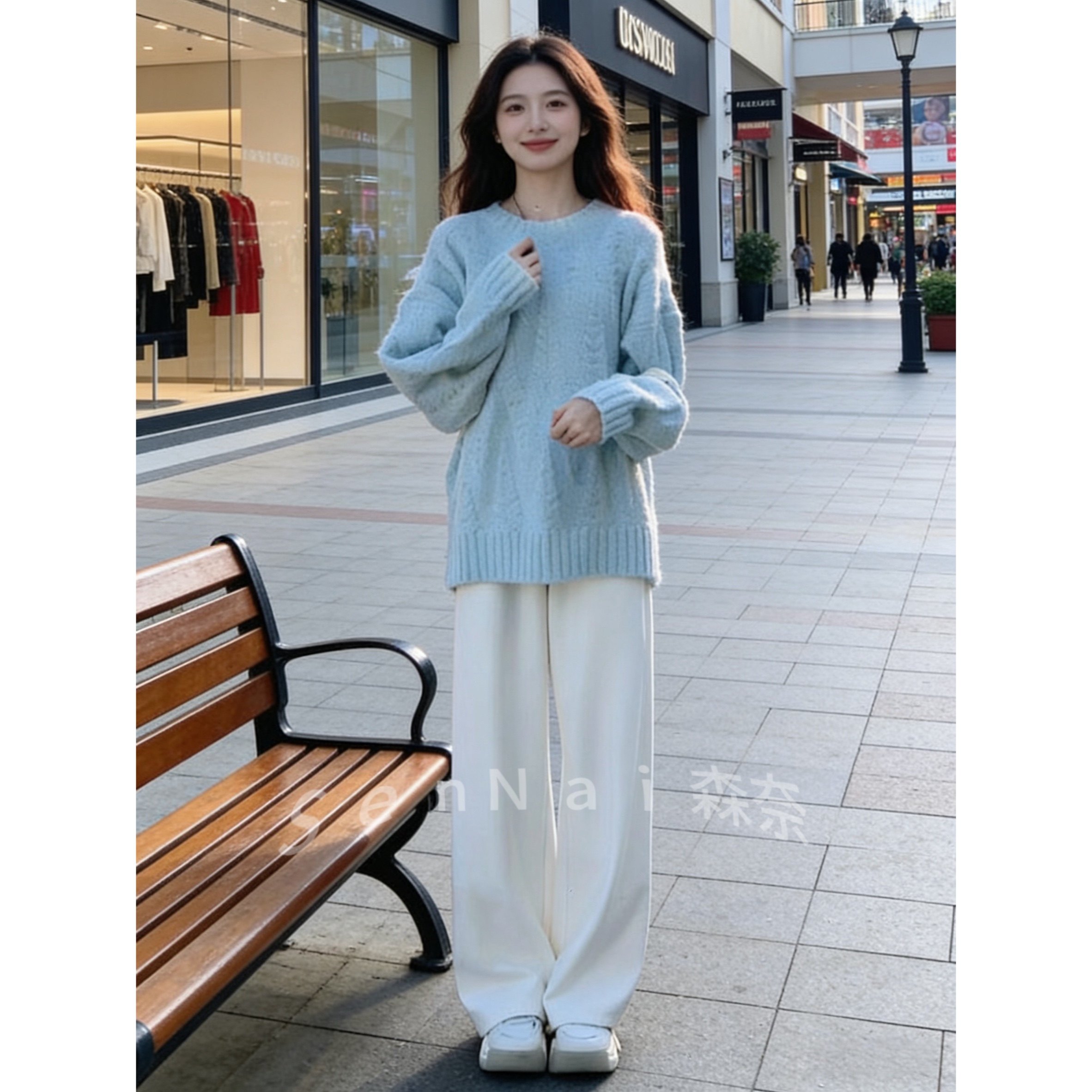 网红毛衣女奶蓝色日系温柔风麻花