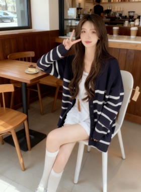 藏青色条纹开衫针织衫毛衣女秋季2025新款宽松休闲百搭中长款上衣
