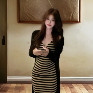 黑色开衫外套撞色条纹v领针织吊带连衣裙女开叉裙子修身包臀长裙