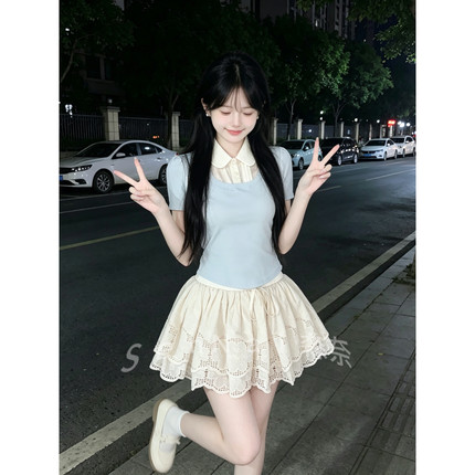 2025新款韩系少女学院风POLO领假两件上衣百搭减龄蓬蓬半身裙套装