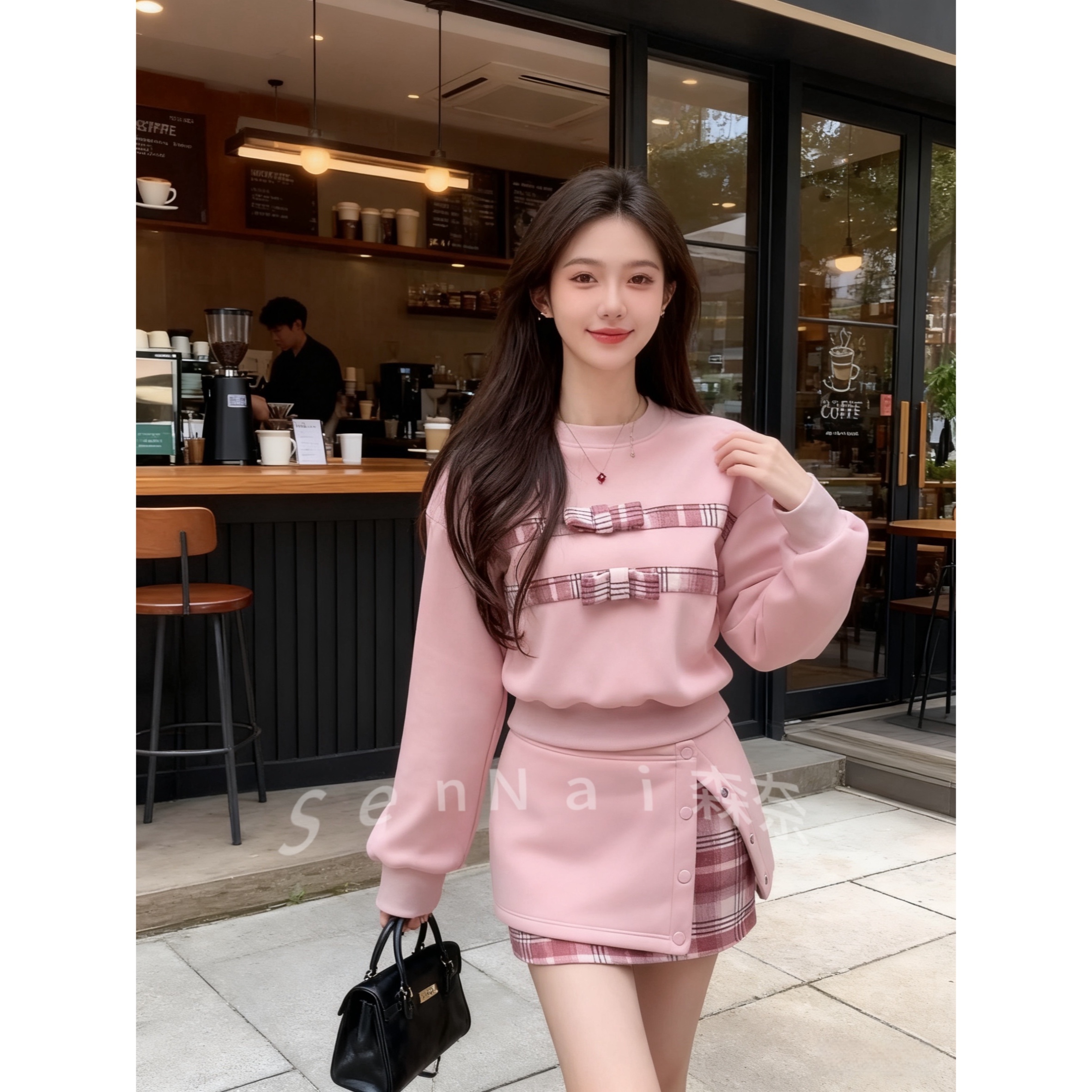粉色格纹上衣假两件半裙两件套
