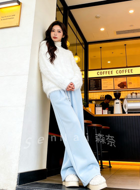 加绒加厚蓝色运动休闲裤女秋冬2026新款慵懒松弛感裤子宽松阔腿裤