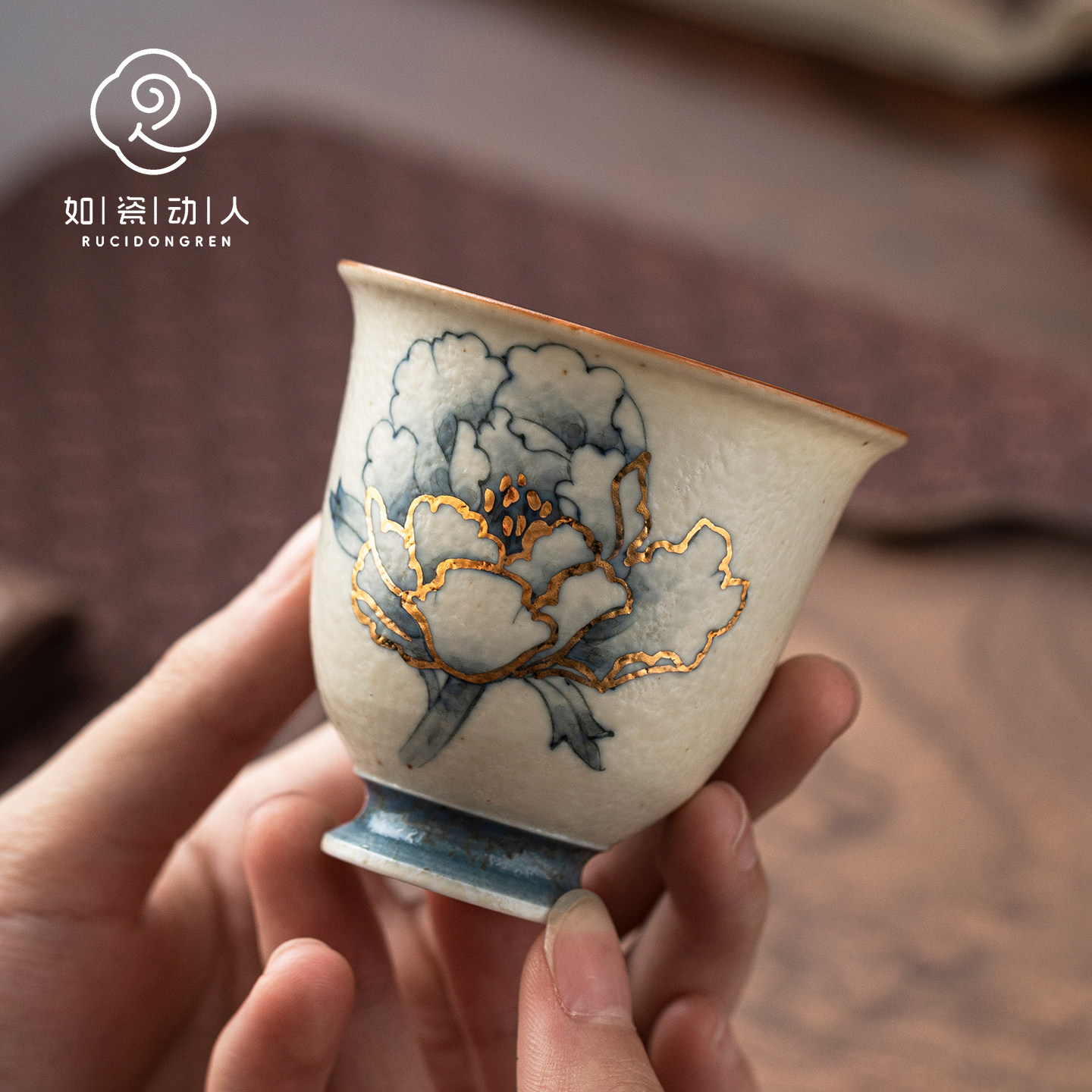 如瓷动人描金茶杯青花火石红陶瓷主人杯个人专用轻奢高级感品茗杯