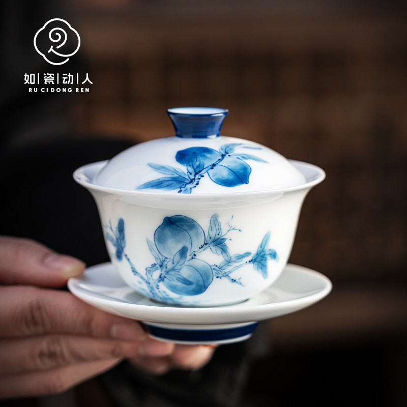 如瓷动人邱桂还大师手绘白瓷三才盖碗茶杯家用不烫手高档泡茶碗