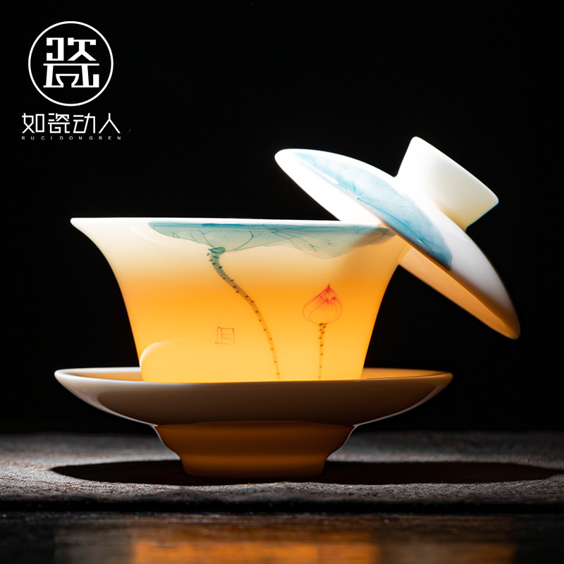 如瓷动人手绘悬停三才盖碗茶杯羊脂玉白瓷悬浮泡茶碗防烫盖碗套装