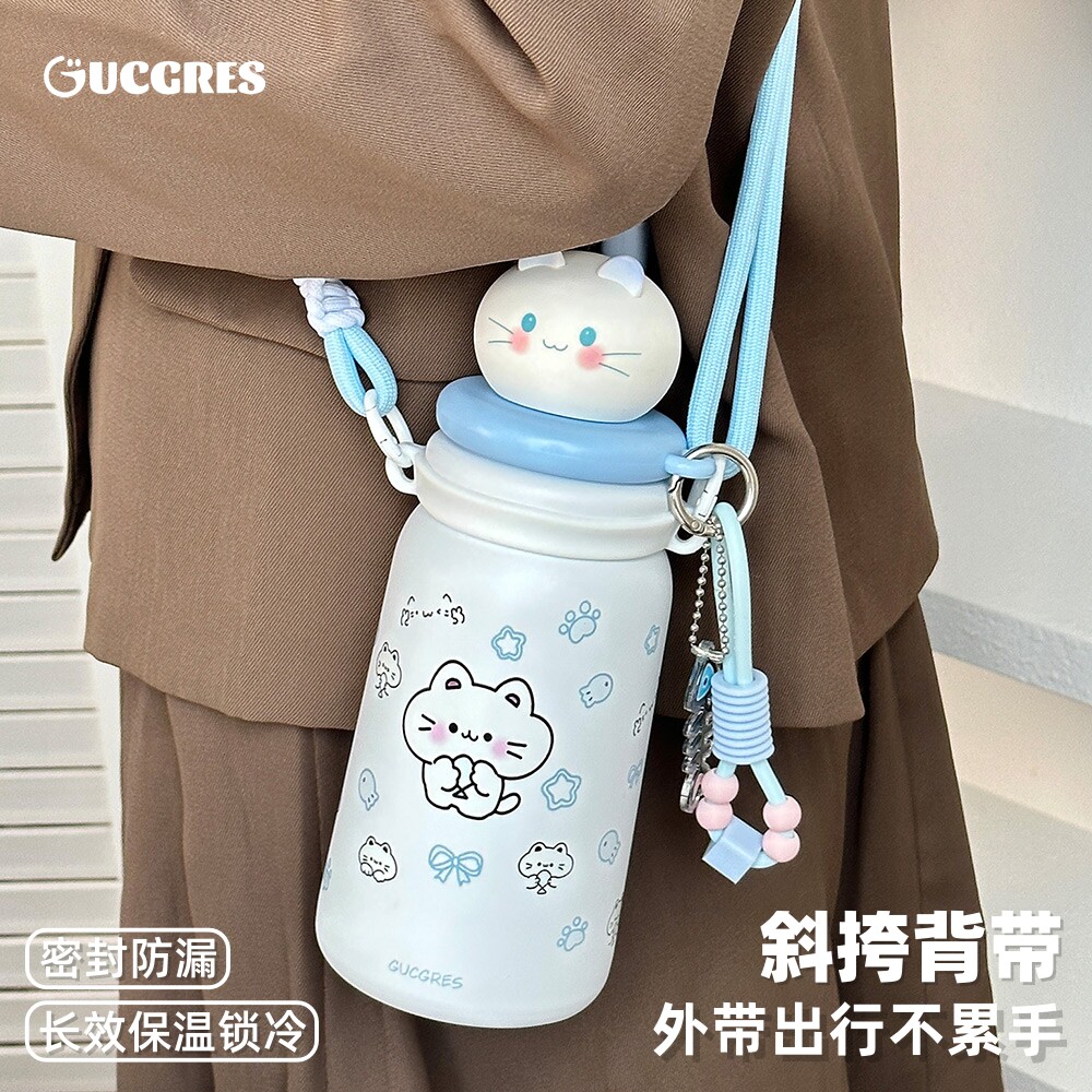 可爱猫咪学生吸管便携保温杯图片