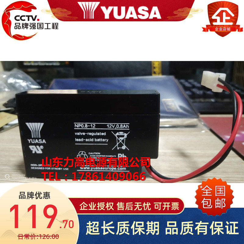 YUASA/汤浅蓄电池NP0.8-12/12V0.8Ah免维护12伏0.8安铅酸医疗电瓶