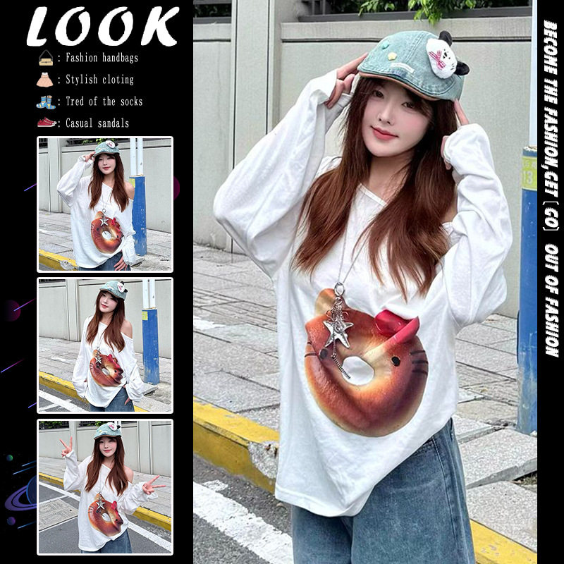 美式白色印花斜肩长袖T恤女款秋季小个子慵懒风宽松显瘦露肩上衣