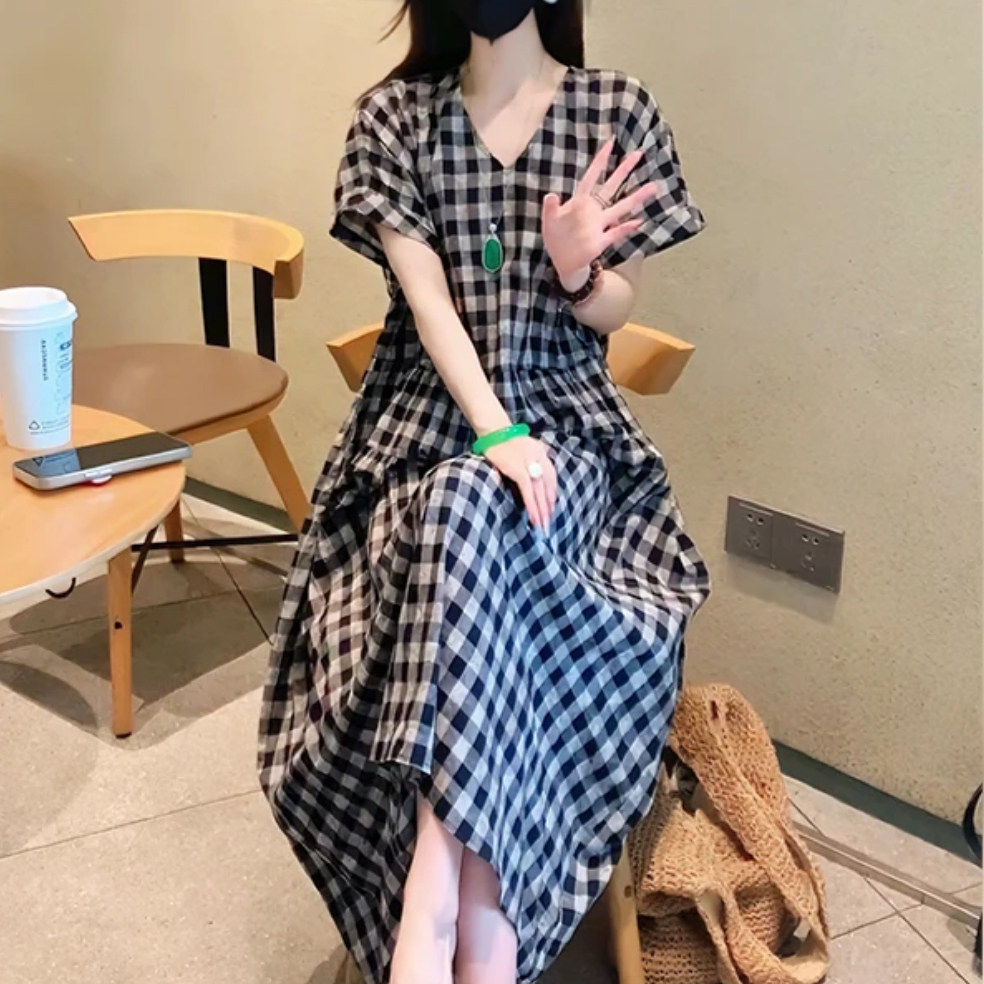 声雨竹高级感格子印花纯棉洋装女2026年夏季新款时尚百搭收腰V领