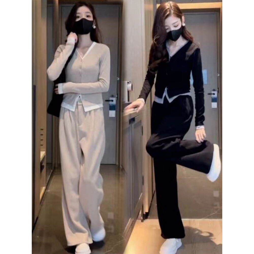 声雨竹时尚休闲运动套装女2026春季新款假两件开衫上衣阔腿裤显瘦