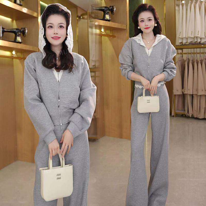 声雨竹时髦洋气蕾丝拼接外套阔腿裤套装女2026春新款时尚休闲运动