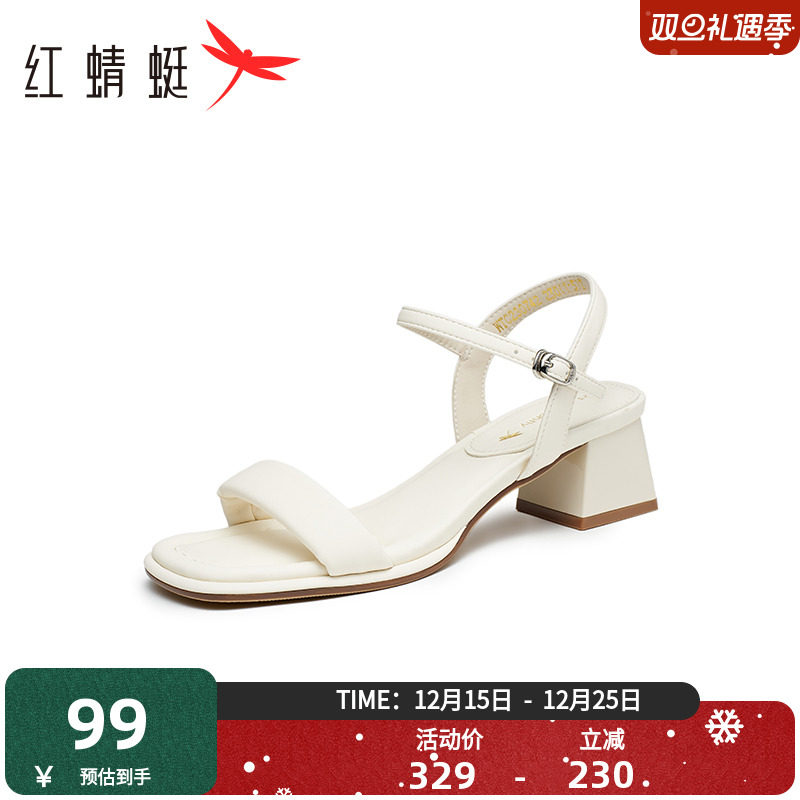 红蜻蜓粗跟通勤一字带凉鞋