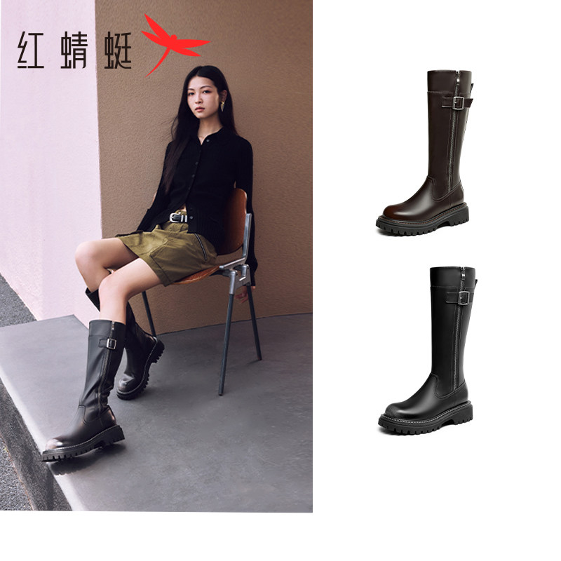 红蜻蜓骑士靴侧拉链复古·图片