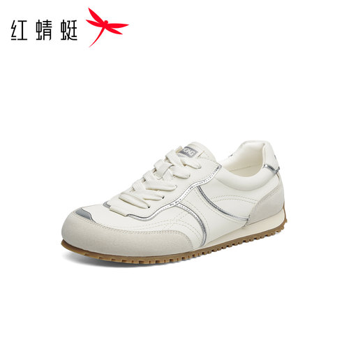 红蜻蜓德训鞋女秋季新款复古运动风系带百搭休闲阿甘鞋白色平底鞋