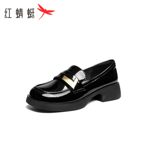 红蜻蜓粗跟单鞋休闲乐福鞋