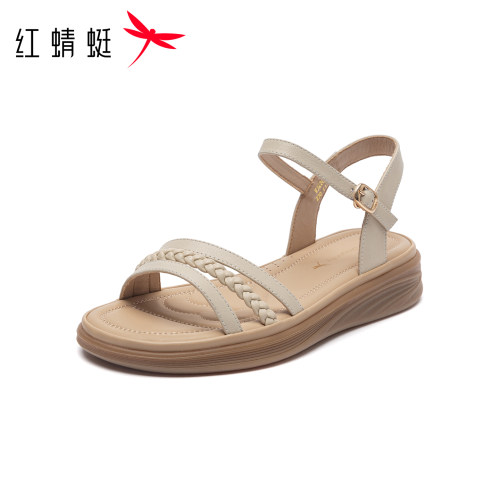 红蜻蜓休闲凉鞋女2026夏季新款一字带编织坡跟舒适休闲鞋妈妈凉鞋