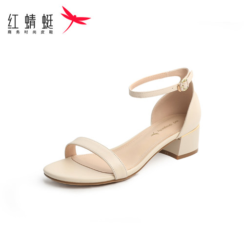 红蜻蜓休闲凉鞋女夏季新款时尚一字带真皮粗跟舒适百搭包跟高跟鞋
