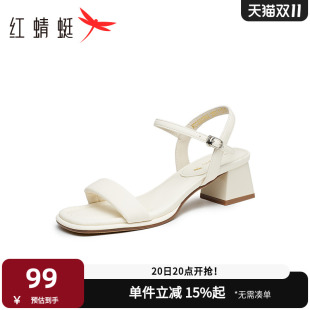 高跟鞋 红蜻蜓粗跟通勤凉鞋 气质小众一字带方头凉鞋 法式 女外穿 夏季