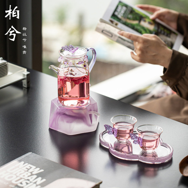 紫色蝴蝶玻璃茶壶茶具小套装女士一壶二杯温茶器煮茶壶泡茶壶新款