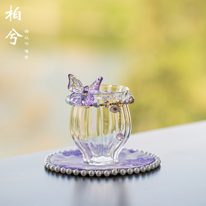 紫色蝴蝶杯玻璃花神杯子水仙杯创意茶杯耐热玻璃女士精致主人杯