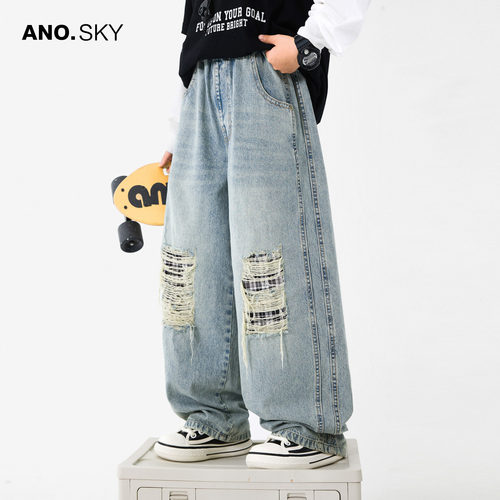 AS男童春秋季破洞直筒牛仔裤