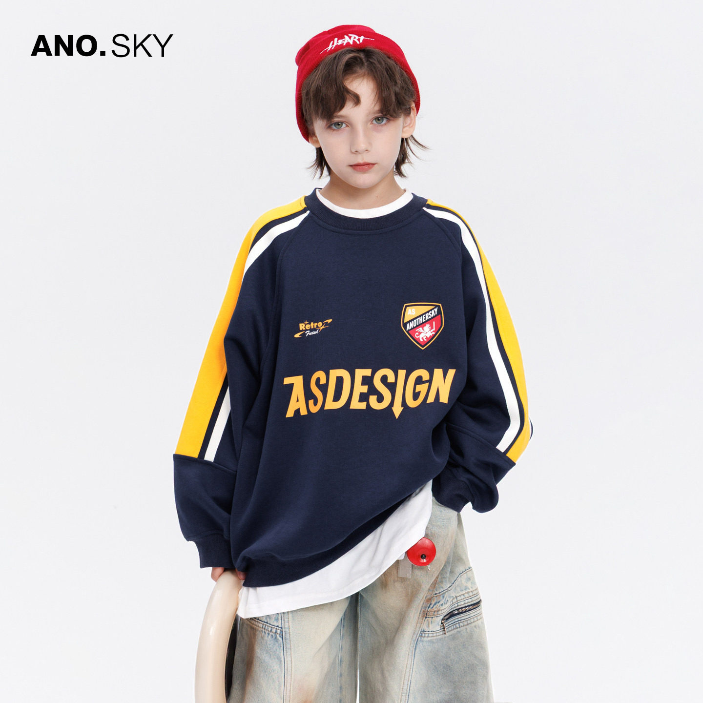 anothersky 男童秋冬撞色运动卫衣2026新款儿童冬装加绒加厚上衣