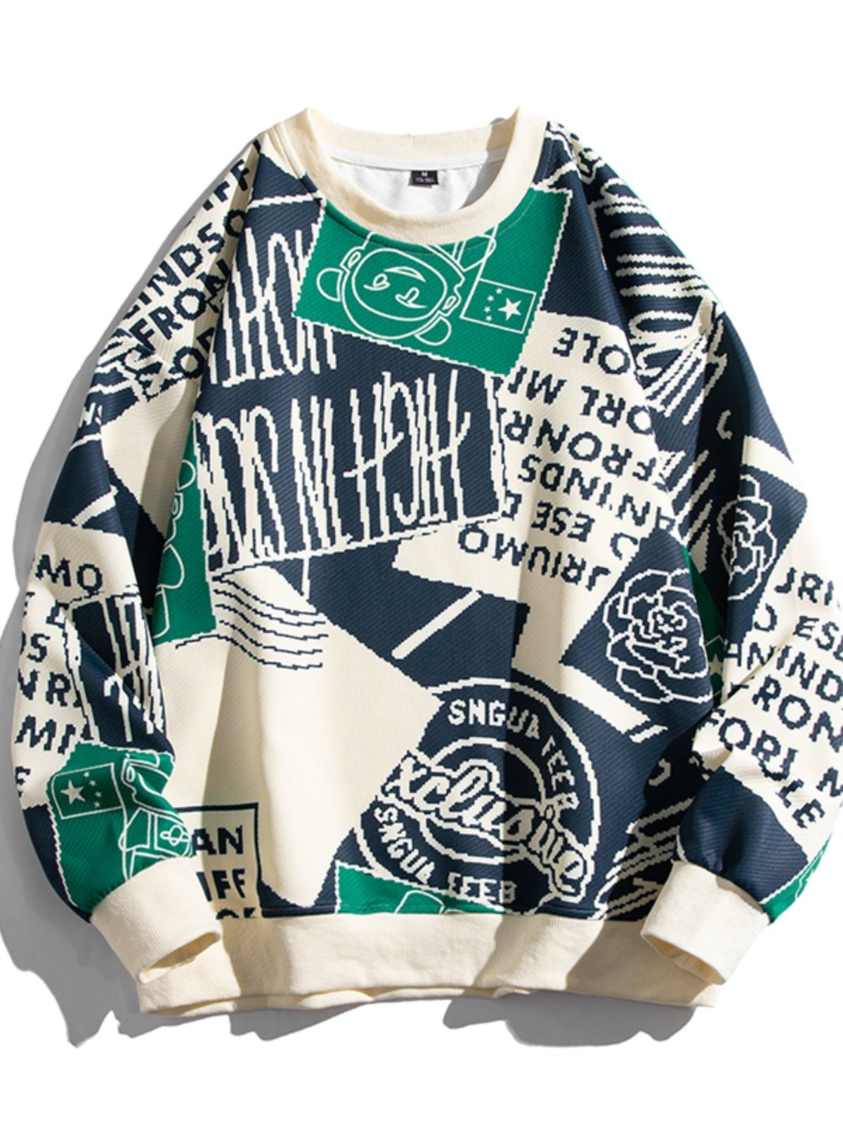 潮牌日系个性涂鸦圆领卫衣男士秋冬季加绒上衣青少年宽松长袖T恤