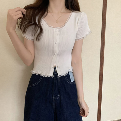 2025复古蕾丝边短袖针织衫女新款韩版短款网红T恤上衣小开衫