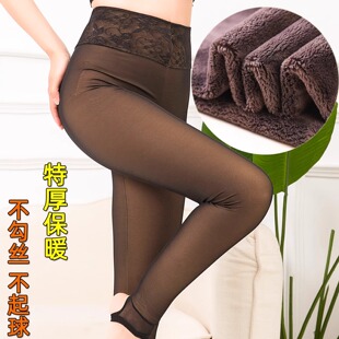 女裤 特厚加绒假透肉打底裤 加厚网纱保暖棉裤 大码 女高腰外穿弹力裤