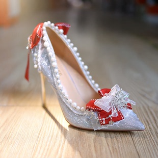 圣诞h洛丽塔六芒星lolita新年新娘婚鞋成人礼尖头银细闪高跟lo鞋