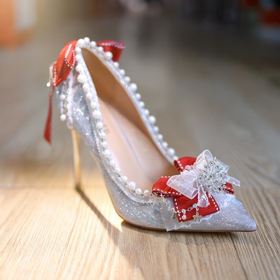 圣诞h婚鞋成人礼细闪高跟lo鞋