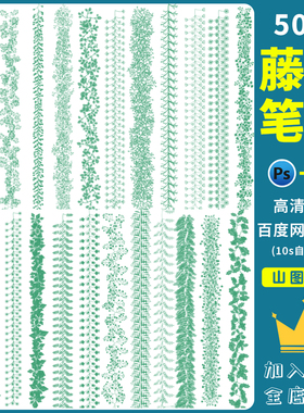 ps笔刷手绘绿色植物藤蔓攀爬藤条叶子蕨类装饰插画procreate笔刷
