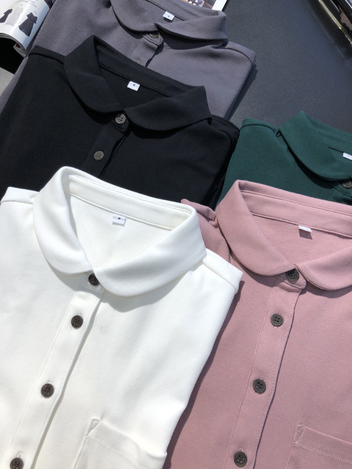 가을 겨울 여성용 일본 싱글 니트 코튼 탄성 소프트 하프 카디건 셔츠 인형 칼라 연령 감소 긴팔 셔츠 다용도