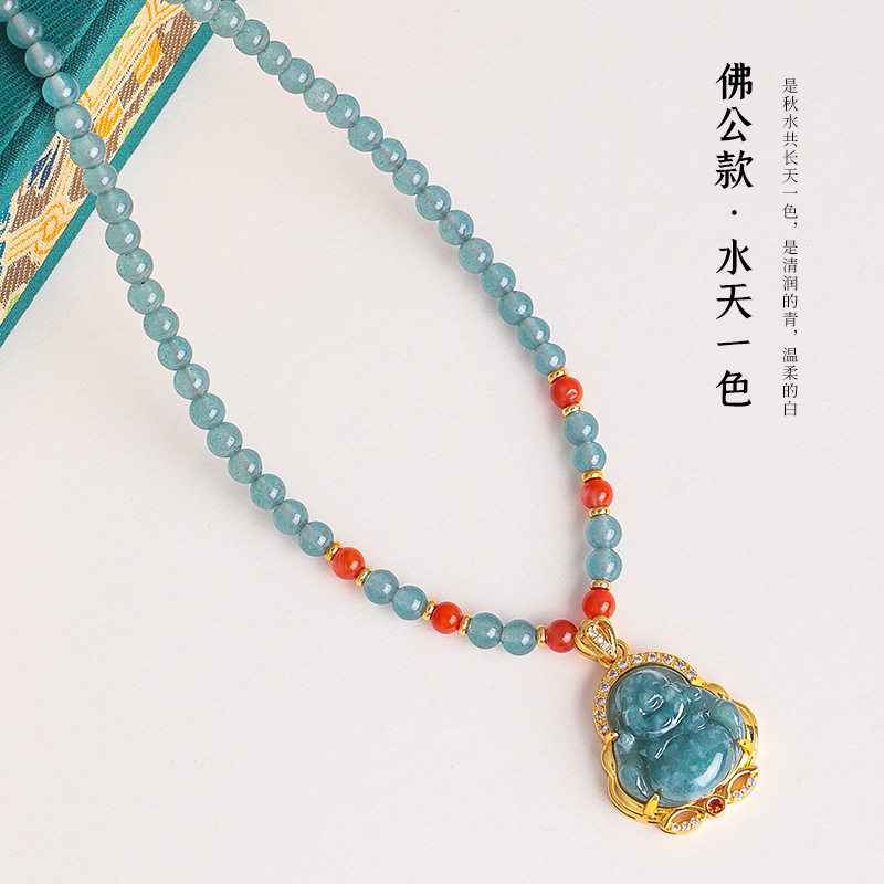 【水天一色】新中式蓝水玉髓佛公串珠项链女原创设计百搭南红项链